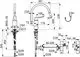 Küchenarmatur mit herausziehbarem Auslauf und Bluetooth-Funktion, verchromt. Maße und Anschlussdetails schematisch dargestellt. HANSACA Produktdesign.
